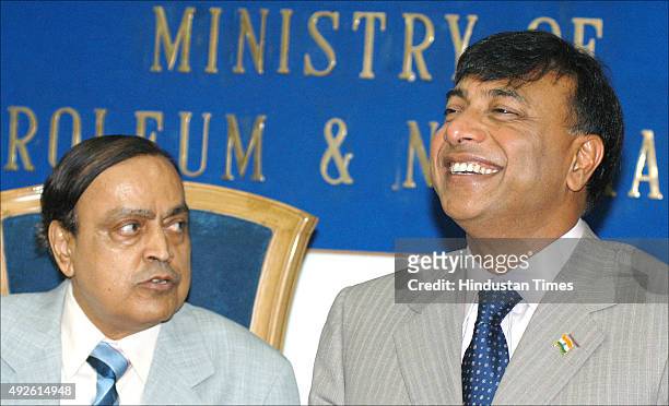 Chairman of ArcelorMittal Lakshmi N Mittal with Union Minister for Petroleum and Natural Gas Murali Deora during a meeting on July 25, 2007 in New...