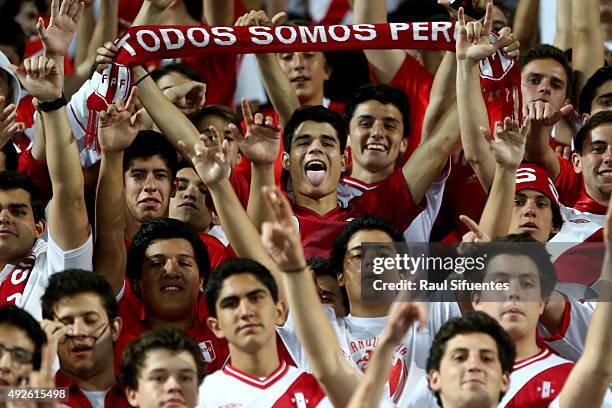 Fans of Peru cheer for their team during a match between Peru and Chile as part of FIFA 2018 World Cup Qualifier at Nacional Stadium on October 13,...