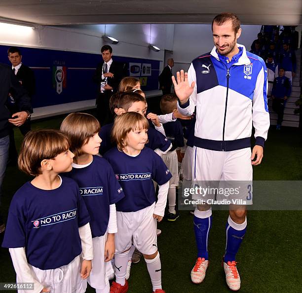 Giorgio Chiellini of Italy in the players tunnel prior to the the UEFA EURO 2016 Qualifier between Italy and Norway on October 13, 2015 in Rome,...