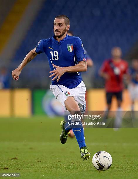 Leonardo Bonucci of Italy in action during the UEFA EURO 2016 Qualifier between Italy and Norway at Olimpico Stadium on October 13, 2015 in Rome,...