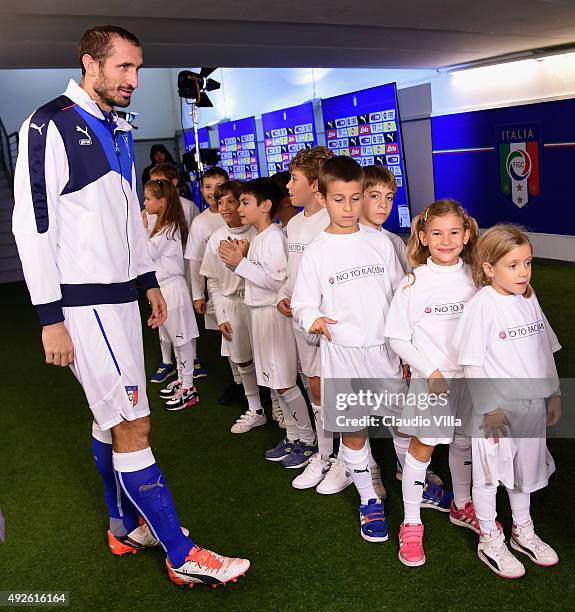 Giorgio Chiellini of Italy walks in the players tunnel prior to the the UEFA EURO 2016 Qualifier between Italy and Norway on October 13, 2015 in...