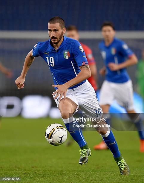 Leonardo Bonucci of Italy in action during the UEFA EURO 2016 Qualifier between Italy and Norway at Olimpico Stadium on October 13, 2015 in Rome,...