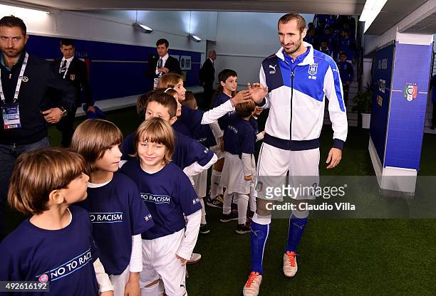 Giorgio Chiellini of Italy in the players tunnel prior to the the UEFA EURO 2016 Qualifier between Italy and Norway on October 13, 2015 in Rome,...