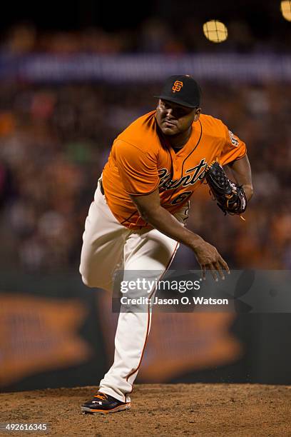 Jean Machi of the San Francisco Giants pitches against the Miami Marlins during the seventh inning at AT&T Park on May 16, 2014 in San Francisco,...