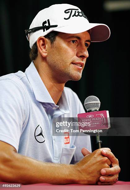 Adam Scott of Australia talks with the media prior to the start of the Crowne Plaza Invitational at Colonial on May 21, 2014 in Fort Worth, Texas....