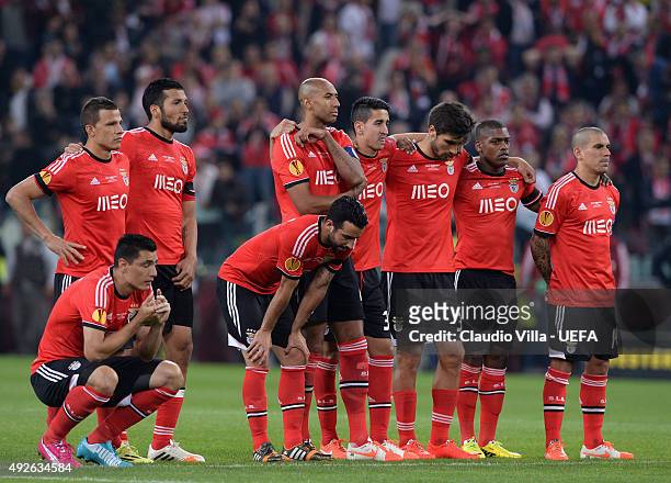Dejected Benfica players look on during the penalty shoot out during the UEFA Europa League Final Between Sevilla FC and SL Benfica at Juventus Arena...