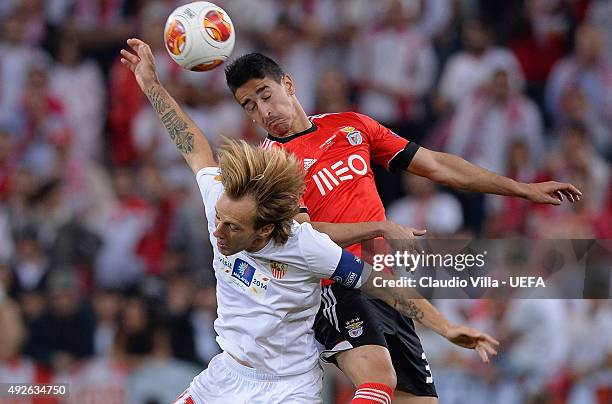 Ivan Rakitic of Sevilla and Andre Almeida of Benfica compete for the ball during the UEFA Europa League Final betwen Sevilla FC and SL Benfica at...