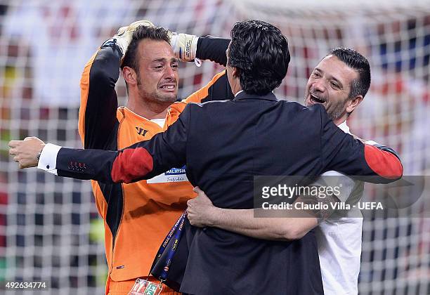 Beto of Sevilla celebrates victory after the UEFA Europa League Final 2014 Between Sevilla FC and SL Benfica at Juventus Arena on May 14, 2014 in...