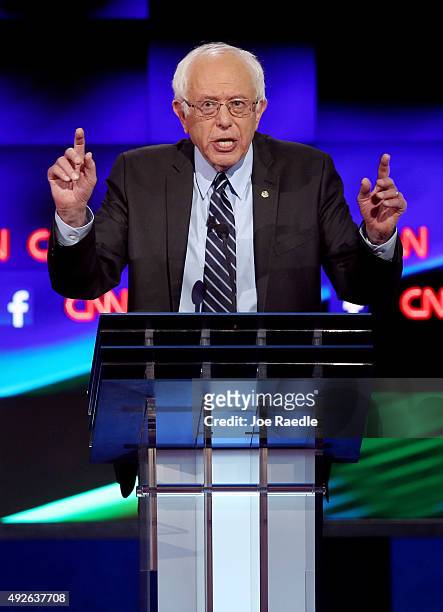 Democratic presidential candidate Sen. Bernie Sanders takes part in a presidential debate sponsored by CNN and Facebook at Wynn Las Vegas on October...