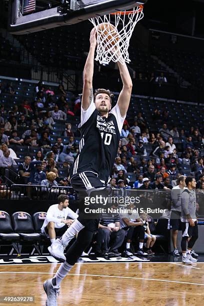 Sergey Karasev of the Brooklyn Nets drives to the basket during the Open Practice on October 11, 2015 at Barclays Center in Brooklyn, NY. NOTE TO...