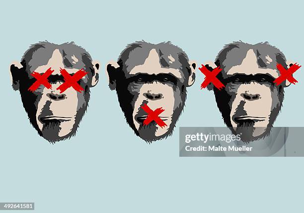 illustration of three monkeys representing the proverb see no evil, hear no evil, speak no evil - monkey covering ears stock illustrations