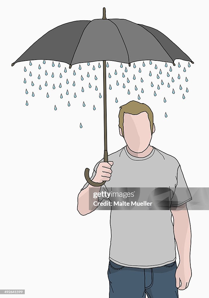 Illustration of man holding umbrella that rain is coming out of