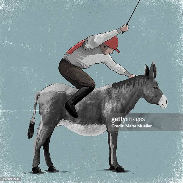 illustration of a frustrated jockey on a donkey - racing silks stock-grafiken, -clipart, -cartoons und -symbole