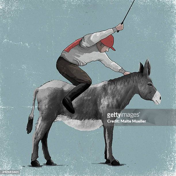 illustration of a frustrated jockey on a donkey - impatient stock illustrations