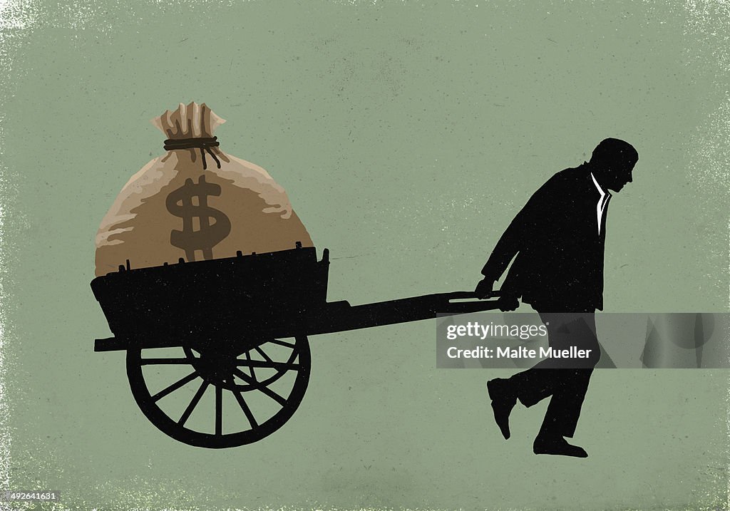 Illustration of businessman carrying dollar bag in cart