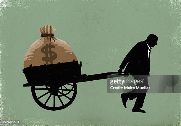 illustration of businessman carrying dollar bag in cart - money bag stock illustrations