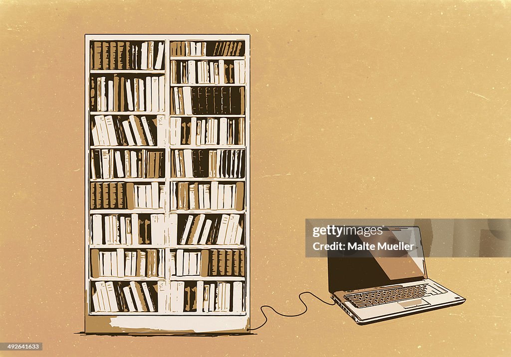 Illustration of laptop connected to bookshelf