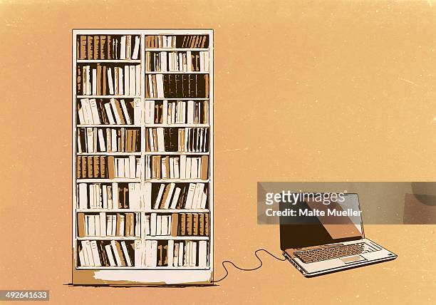 ilustrações, clipart, desenhos animados e ícones de illustration of laptop connected to bookshelf - copiando