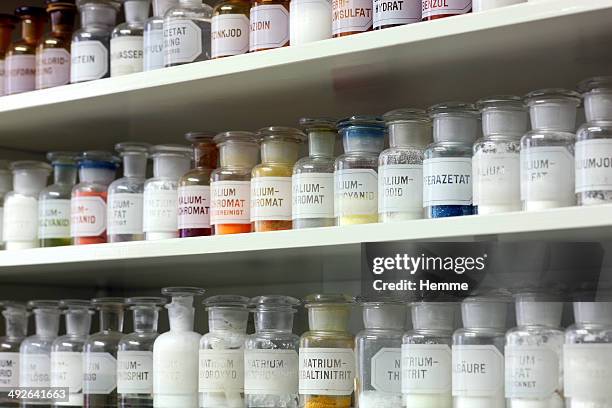 a collection of elements and minerals in a chemist lab - homeopatía fotografías e imágenes de stock