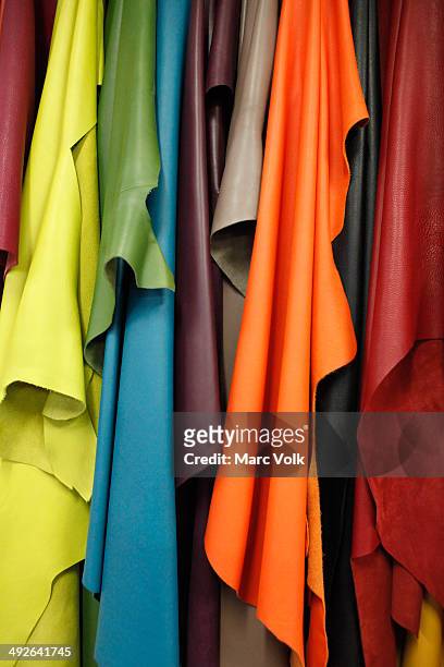 close-up of various colors of leather textiles - draped cloth stock pictures, royalty-free photos & images