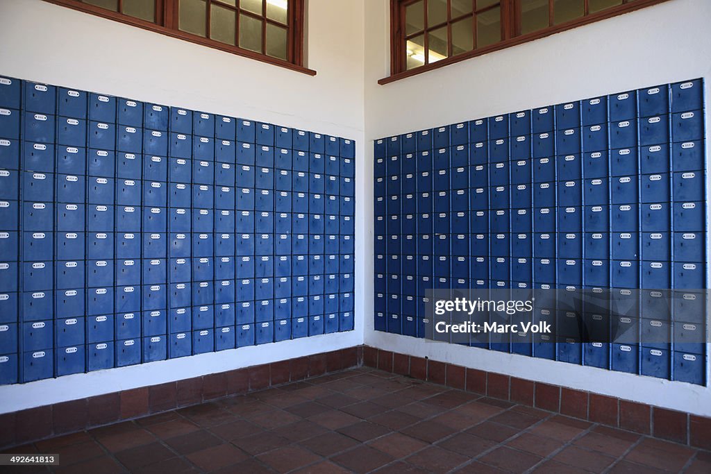 Locker room with blue lockers