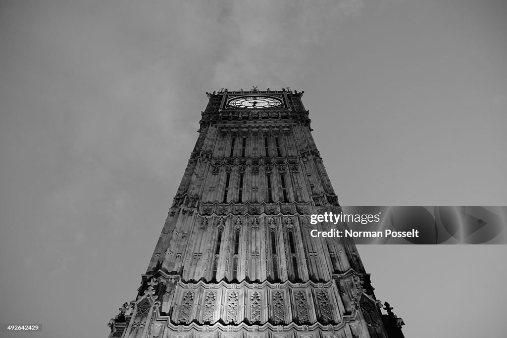 Big Ben at dusk, low angle view, London, England