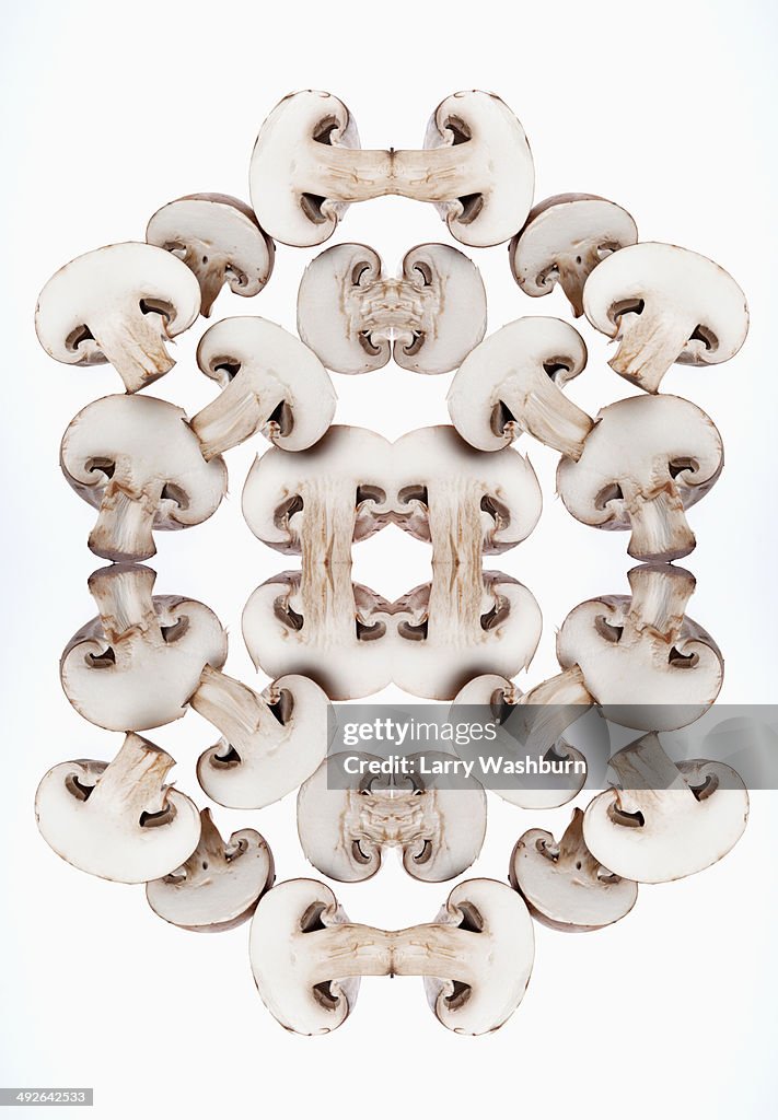 A digital composite of mirrored images of an arrangement of slices of mushrooms