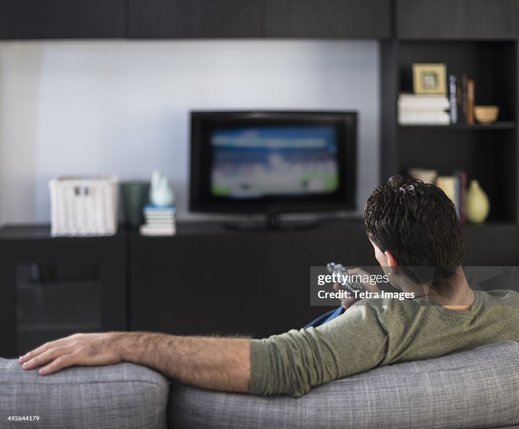 Rear view of man watching tv, Jersey City, New Jersey, USA