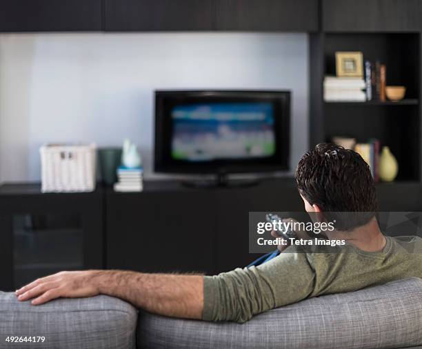 rear view of man watching tv, jersey city, new jersey, usa - watching tv rear view stock pictures, royalty-free photos & images