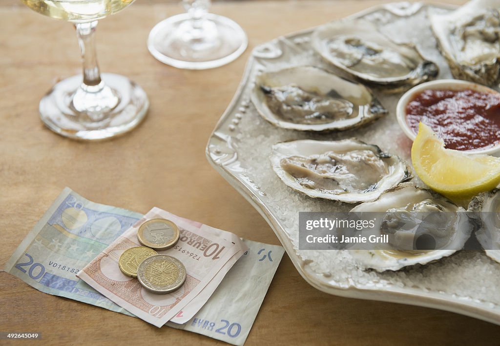 Studio shot of oysters and money