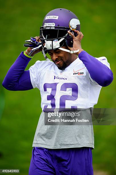 Antone Exum of the Minnesota Vikings looks on during rookie minicamp on May 16, 2014 at Winter Park in Eden Prairie, Minnesota.