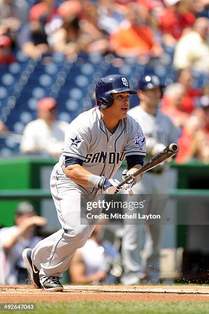 Everth Cabrera of the San Diego Padres takes a swing during a baseball game against the Washington Nationals on April 26, 2014 at Nationals Park in...