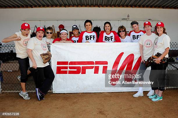 Actors Anne Ramsay, Megan Cavanagh Bitty Schram, Ann Cusack and Patti Pelton attend "A League Of Their Own" Reunion Softball Game hosted by espnW...