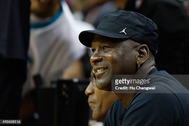 Legend Michael Jordan, smiles during a NBA game between Charlotte Hornets and Los Angeles Clippers at Mercedes-Benz Arena on October 14, 2015 in...
