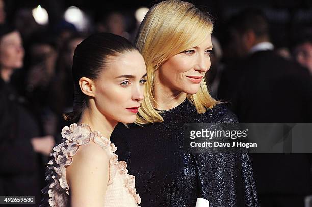 Cate Blanchett and Rooney Mara attend a screening of "Carol" during the BFI London Film Festival at Odeon Leicester Square on October 14, 2015 in...