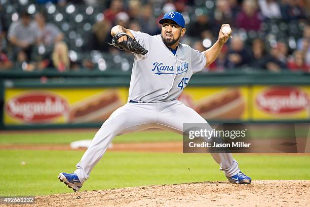 Relief pitcher Franklin Morales of the Kansas City Royals pitches during the eighth inning against the Cleveland Indians at Progressive Field on...