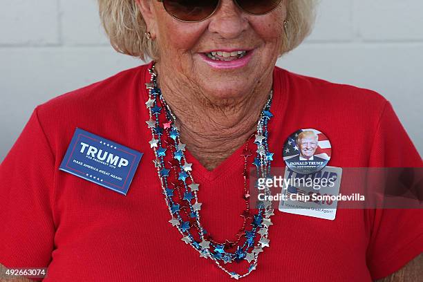 Jeannie Stagg of Virginia Beach, VA, waits near the head of the line of people waiting to get into a rally with Republican presidential candidate and...