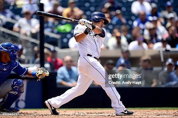 Everth Cabrera of the San Diego Padres hits in the game against the Kansas City Royals at Petco Park on May 7, 2014 in San Diego, California.