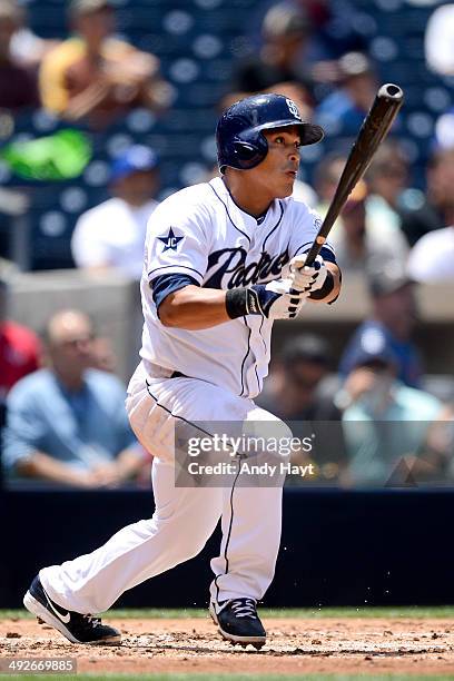 Everth Cabrera of the San Diego Padres hits in the game against the Kansas City Royals at Petco Park on May 7, 2014 in San Diego, California.