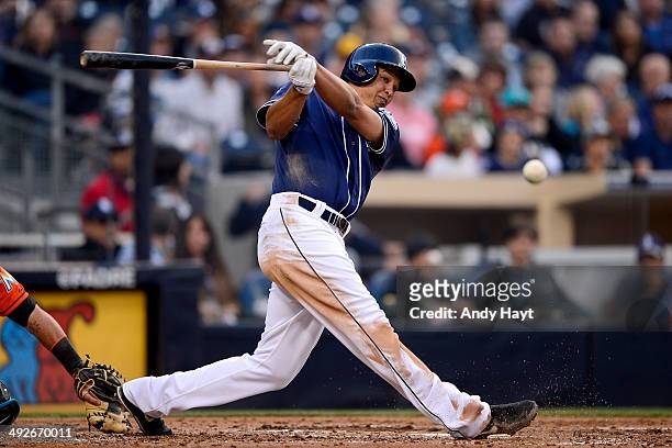 Will Venable of the San Diego Padres hits in the game against the Miami Marlins at Petco Park on May 10, 2014 in San Diego, California.