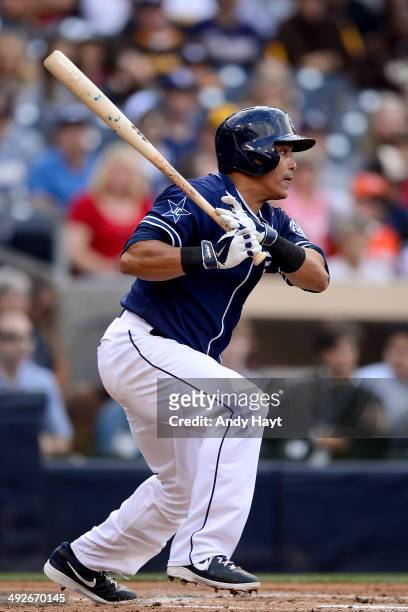 Everth Cabrera of the San Diego Padres hits in the game against the Miami Marlins at Petco Park on May 10, 2014 in San Diego, California.