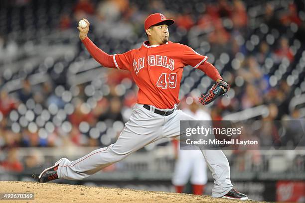 Ernesto Frieri of the Los Angles Angels pitches during a baseball game against the Washington Nationals on April 21, 2014 at Nationals Park in...