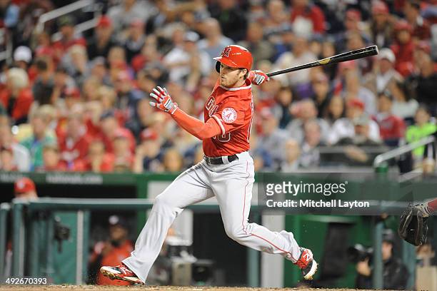 Brennan Boesch of the Los Angles Angels takes a swing during a baseball game against the Washington Nationals on April 21, 2014 at Nationals Park in...