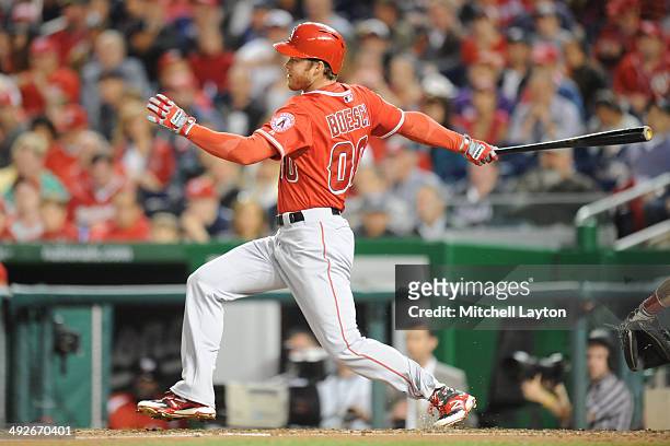 Brennan Boesch of the Los Angels takes a swing during a baseball game against the Washington Nationals on April 21, 2014 at Nationals Park in...