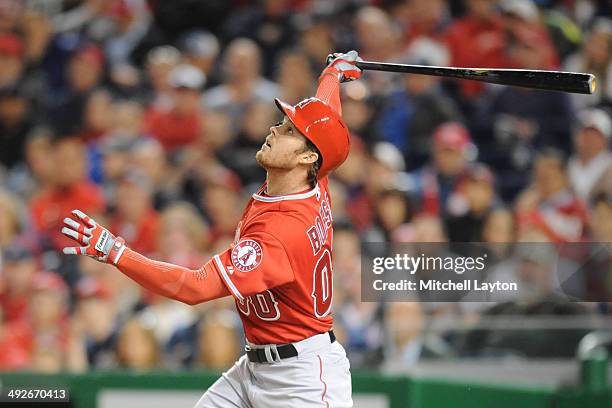 Brennan Boesch of the Los Angles Angels takes a swing during a baseball game against the Washington Nationals on April 21, 2014 at Nationals Park in...