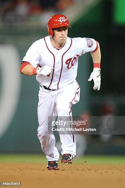 Nate McLouth of the Washington Nationals runs to third base during a baseball game against the Los Angeles Angels of Anaheim on April 21, 2014 at...