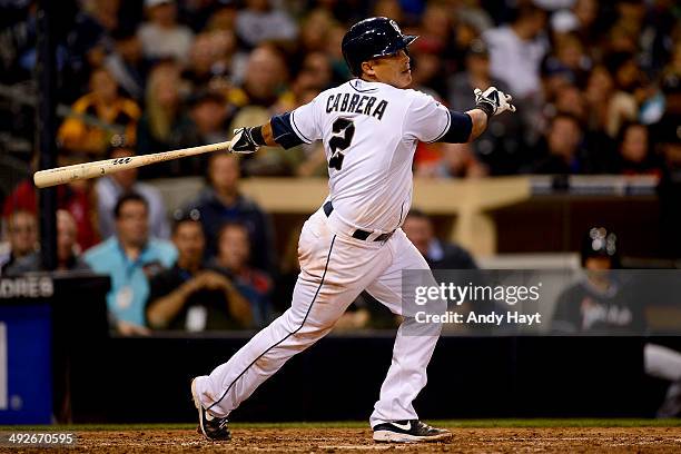 Everth Cabrera of the San Diego Padres hits in the game against the Miami Marlins at Petco Park on May 9, 2014 in San Diego, California.