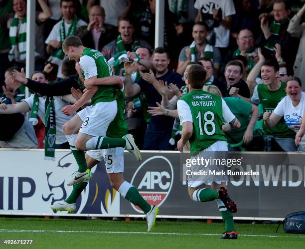 Jason Cummings of Hibernian celebrates scoring the opening goal of the match during the Scottish Premiership Play-off Final First Leg, between...