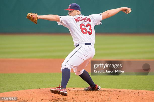 Starting pitcher Justin Masterson of the Cleveland Indians pitches during the first inning against the Toronto Blue Jays at Progressive Field on...