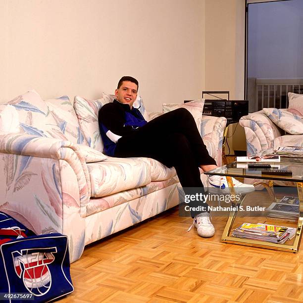 Drazen Petrovic of the New Jersey Nets poses for a photo at his home during an all-access shoot circa 1991 in Hoboken, New Jersey. NOTE TO USER: User...